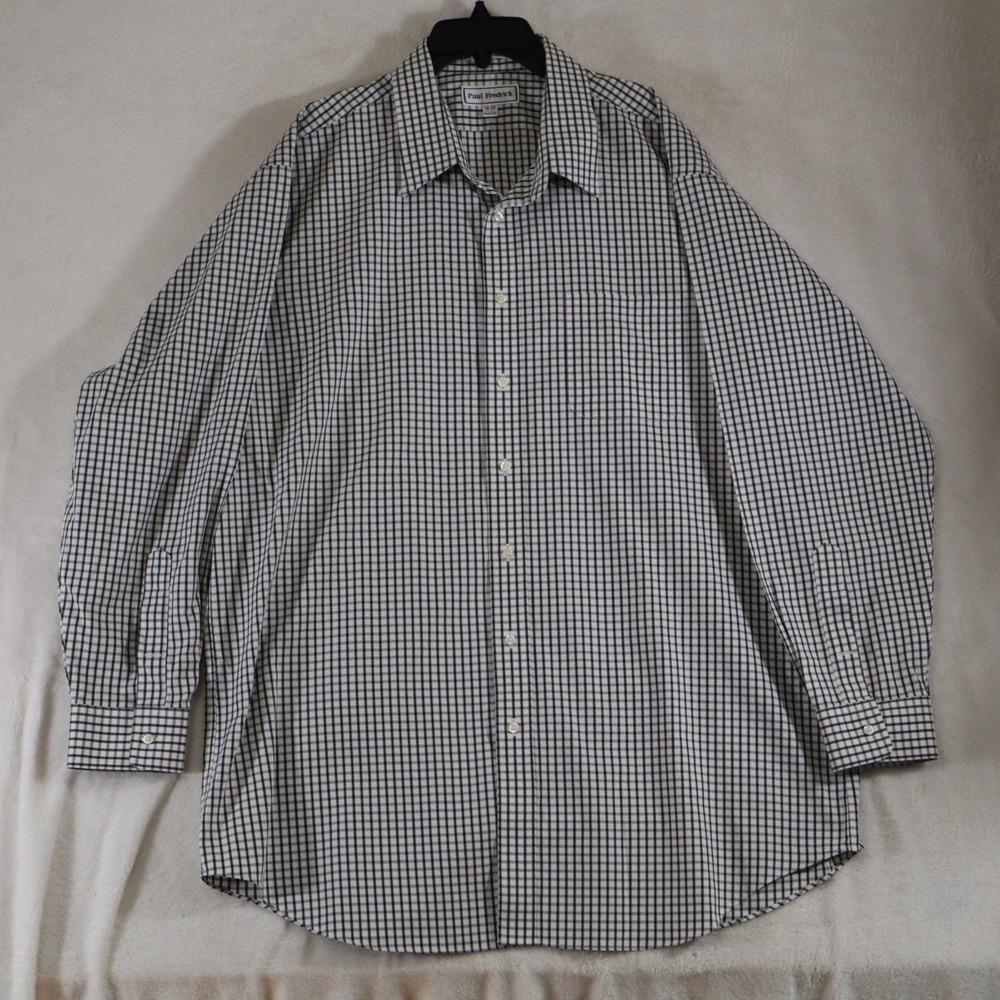 Paul Fredrick Men's 18-35 Navy White Check Tailored Fit Dress Shirt Cotton
